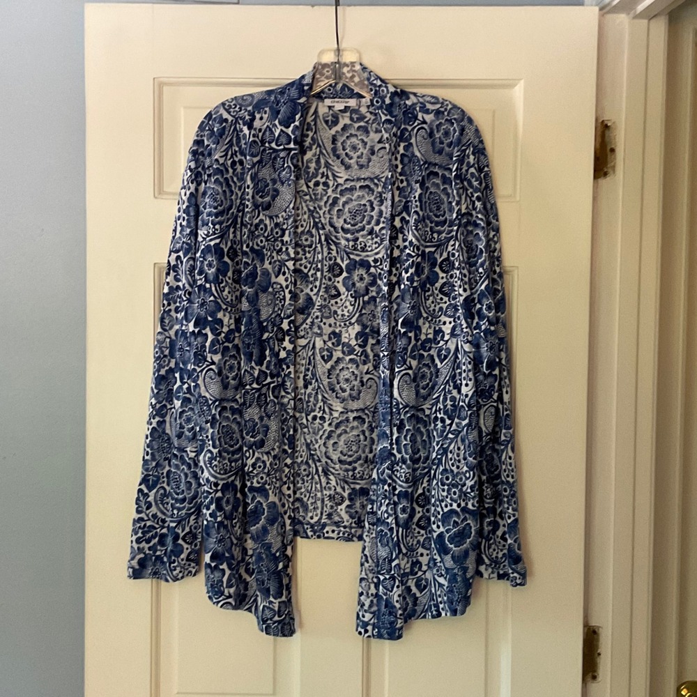 Chico's Linen Cardigan Blue Floral Open Front 4 XXL 2XL coastal artsy lagenlook